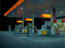 petrol forecourt at night